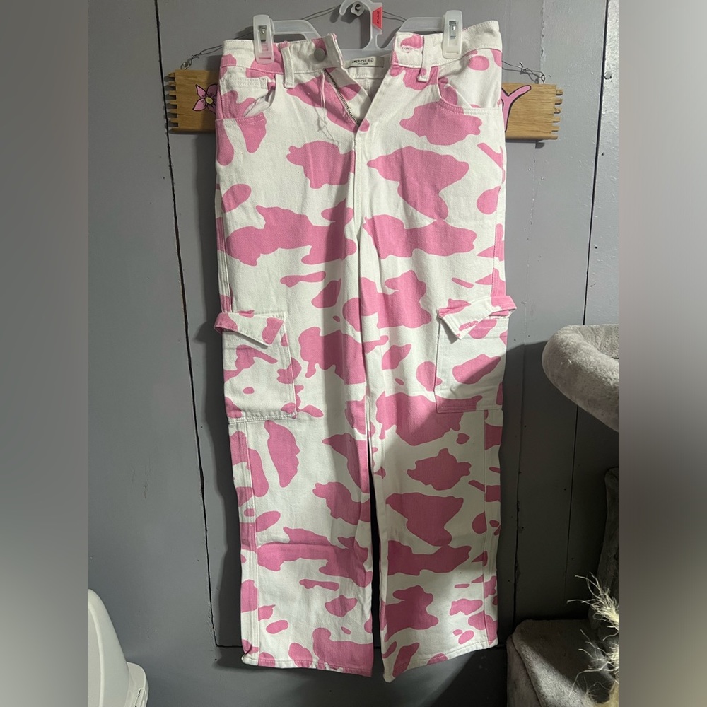 American Bazi Cow print Cargo Pants Pink & White Small